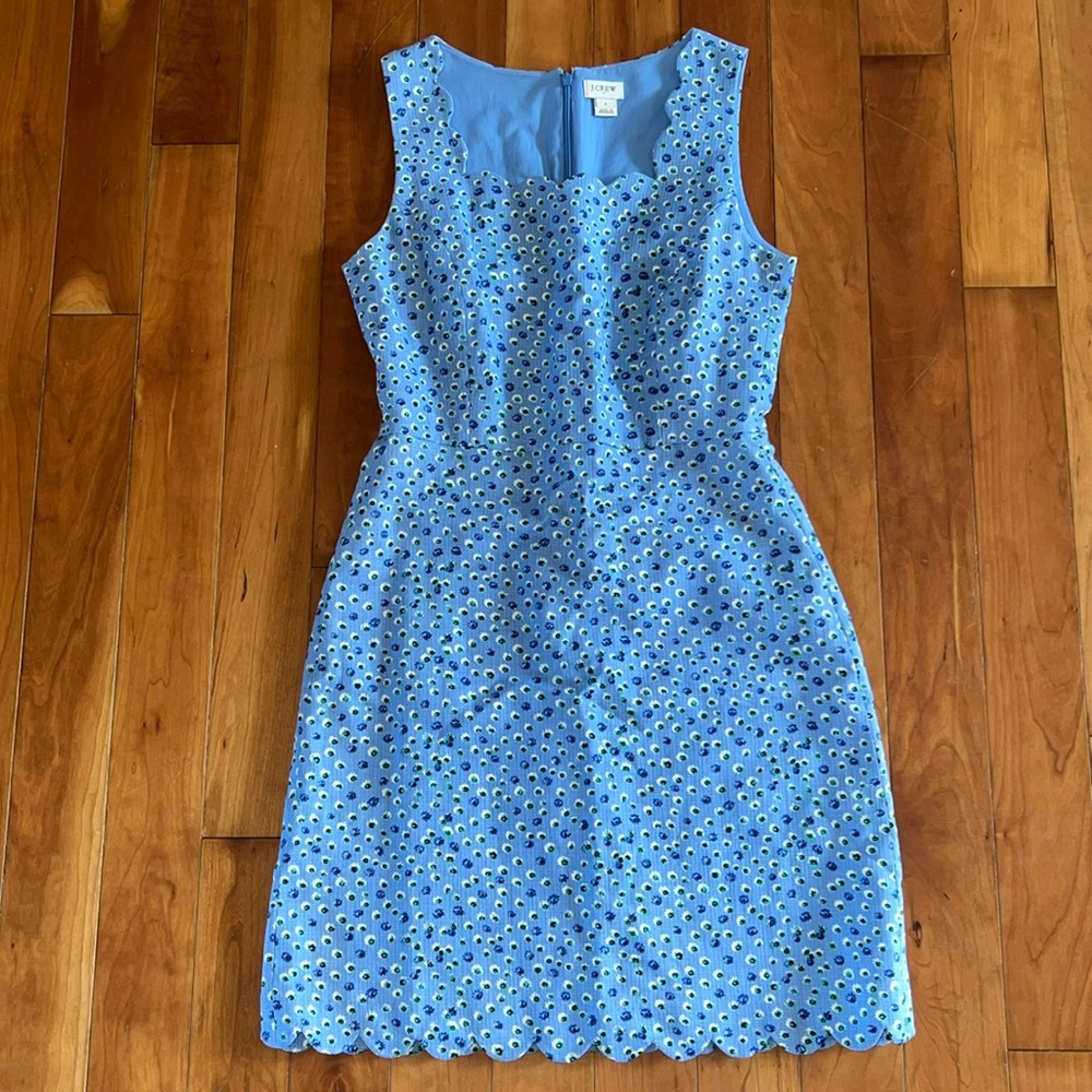 J Crew Blue Mini Dress w/ Scalloped Borders